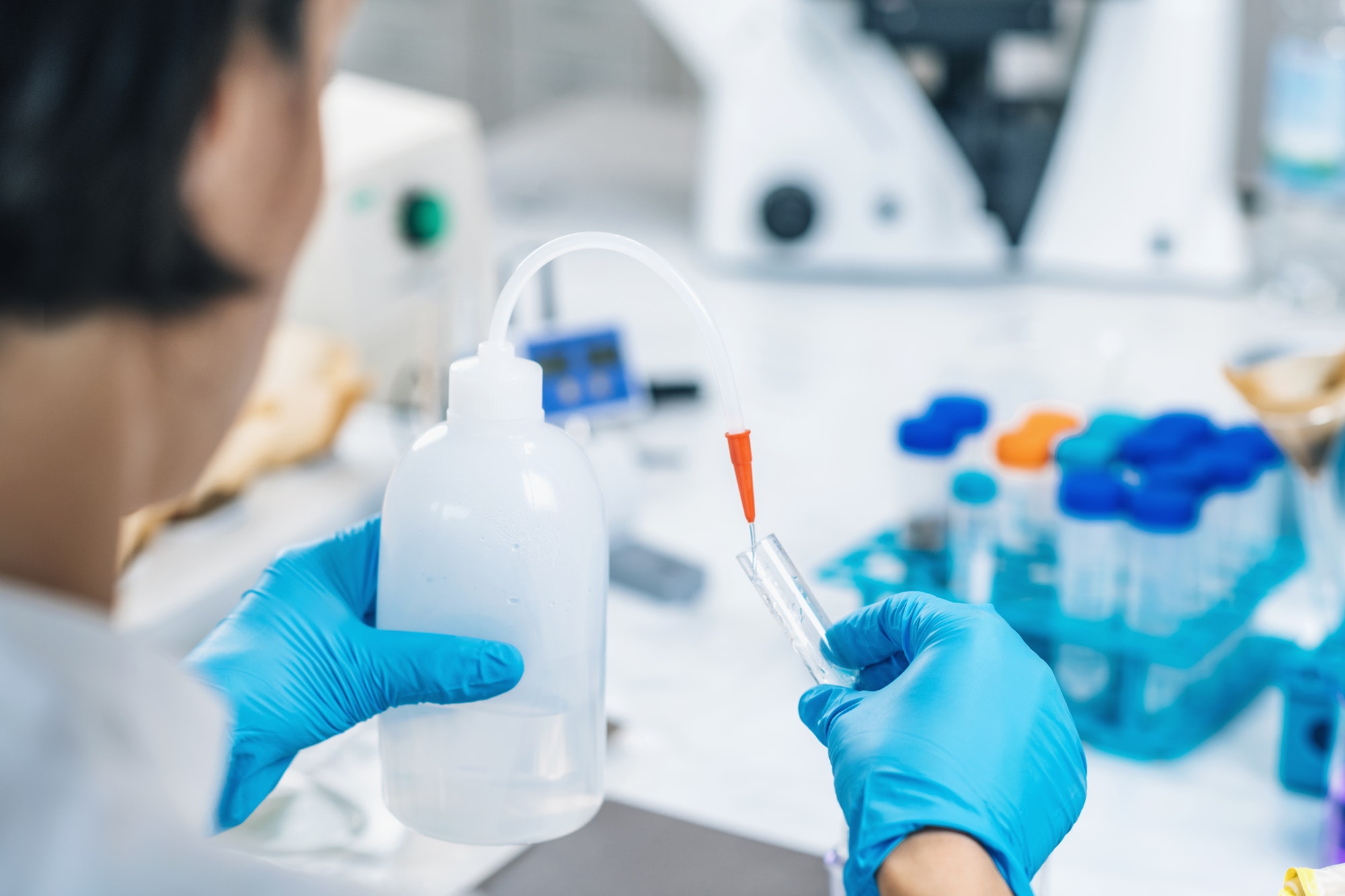 Soil Testing. Female Biologist Pouring Water Into Test Tube